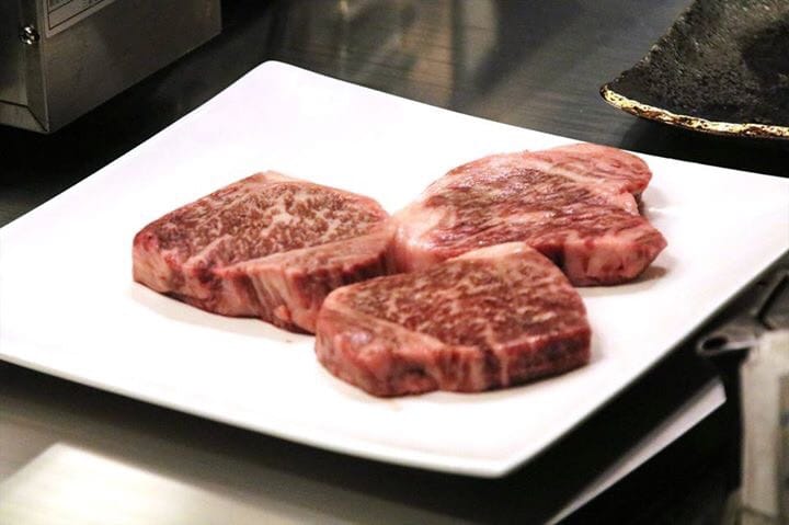 Halal Kobe beef, plated before it hits the teppan at Misono Kobe Main Restaurant
