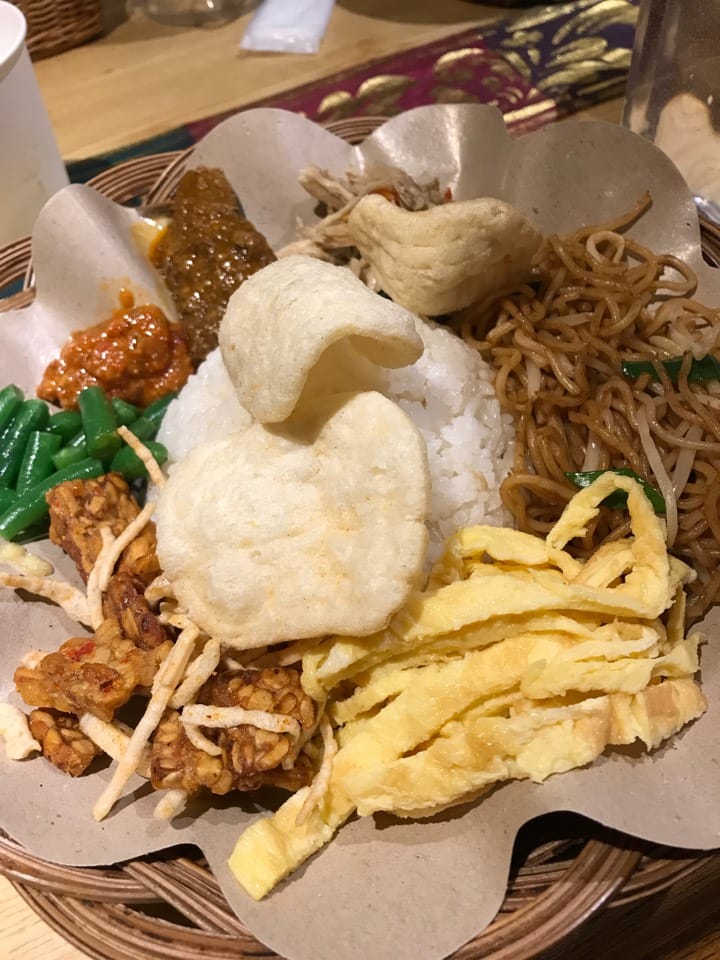 A nasi campur plate with tempeh, mie goreng, egg and krupuk at Warung Jawa, Kita 14-jo