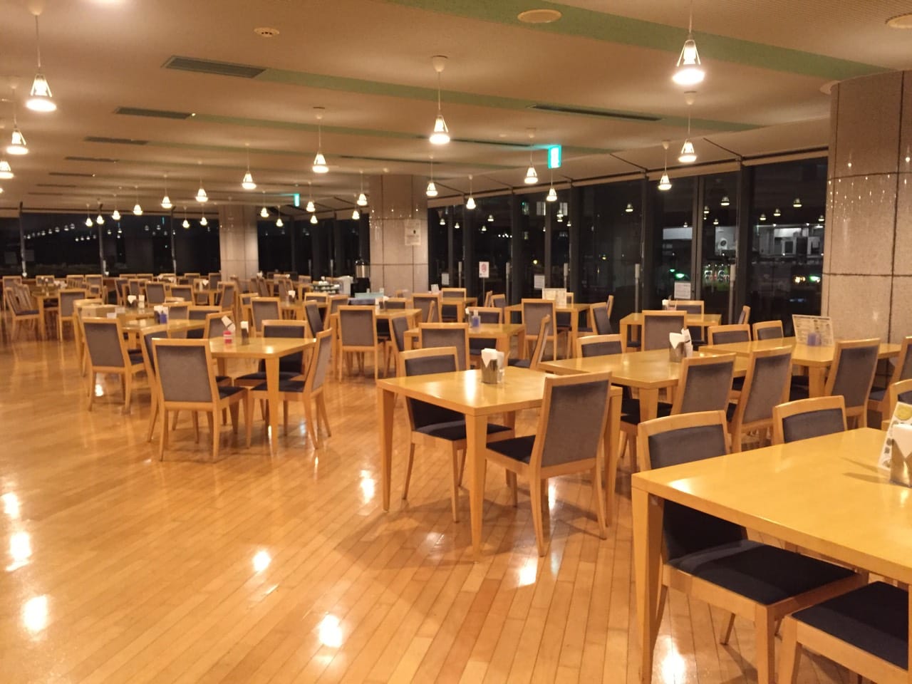 The dining room on the 3rd floor, looking out over the harbour at Port Terrace Café, JICA Yokohama