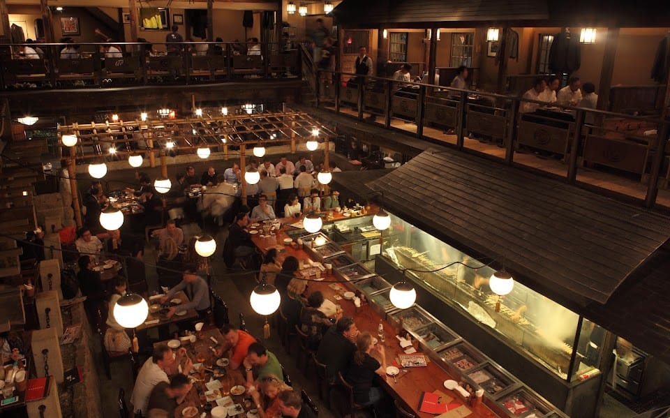 The two-storey wooden dining hall the restaurant is known for at Gonpachi Nishi-Azabu