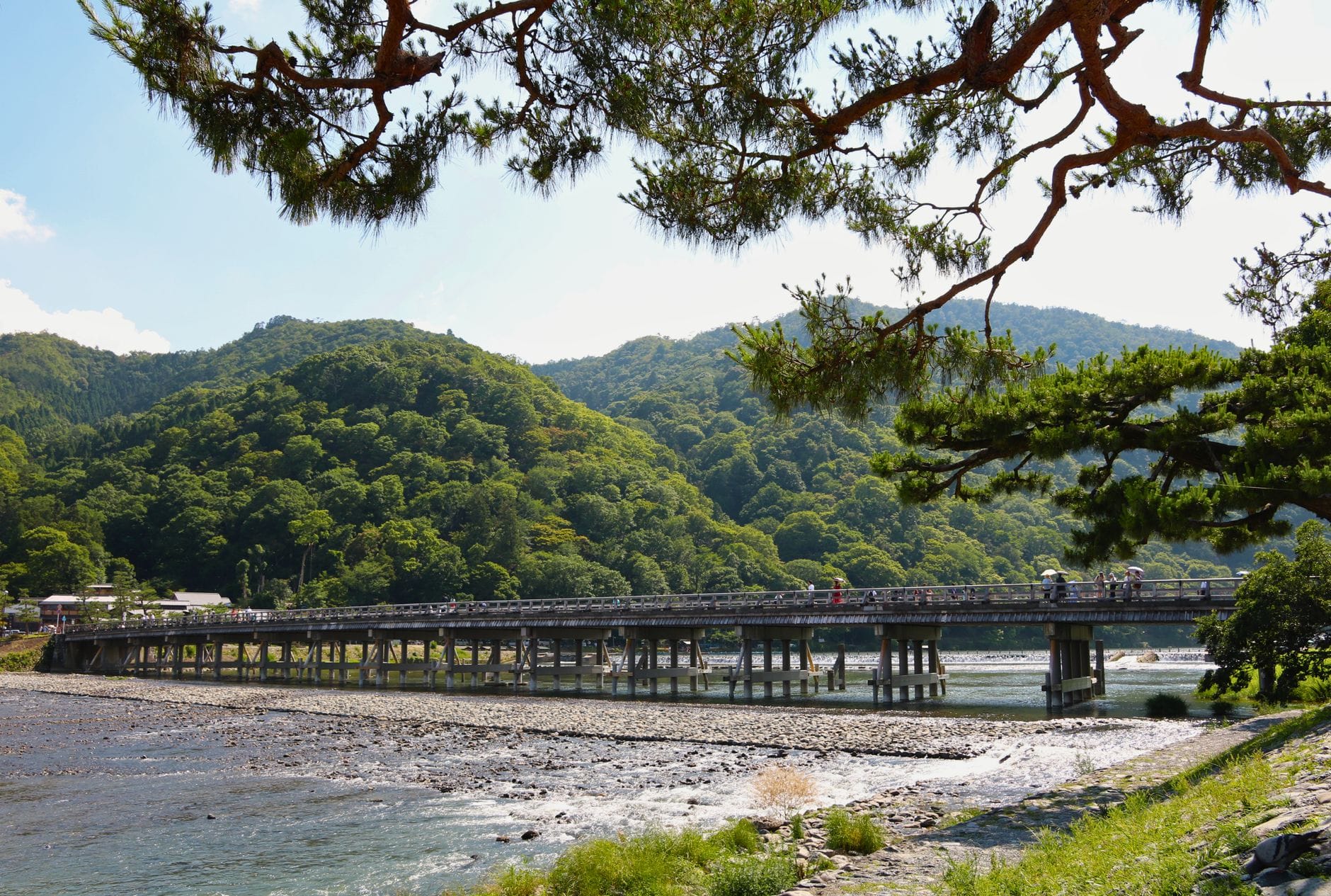 Togetsukyo Bridge over the Katsura River in Arashiyama, with forested hills behind